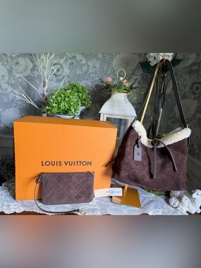 Louis Vuitton CarryAll PM Brown Suede Calfskin Leather Shearling Shoulder Bag